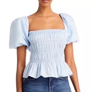 Astr Sky Blue Smocked Blouse with Puff Sleeves